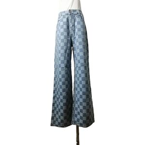 💦 L, blue and white checkered high-waisted wide-leg denim jeans